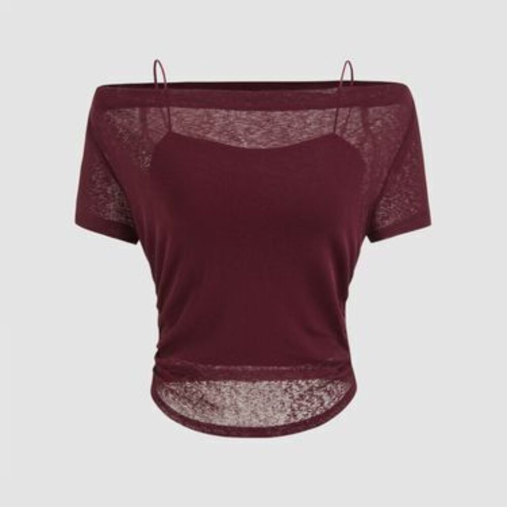 Burgundy Off-shoulder Ruched Short Sleeve Tee & Cami Top